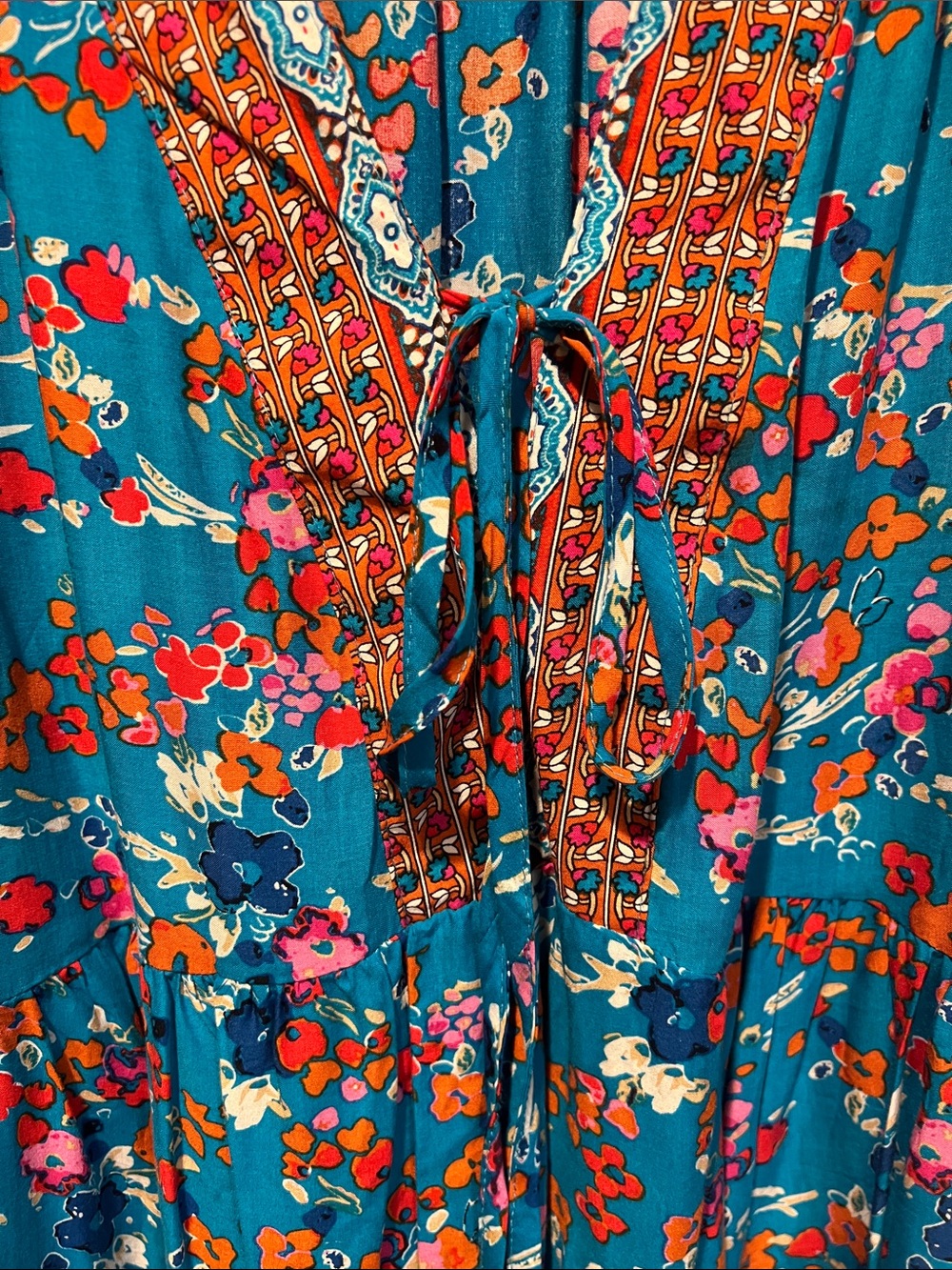Cynthia Rowley Teal Floral Peasant Tunic with Orange & Pink Accents - Picture 3 of 4